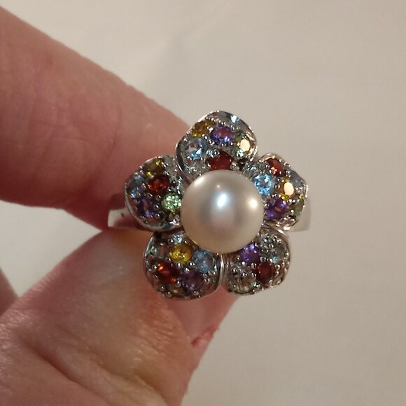 925 Silver Cherry Blossom Flower Pearl Diamond Zircon Ring Gorgeous Gift - Picture 7 of 8